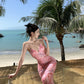 Travel wear printed deep v suspender dress sexy backless beach dress R1596