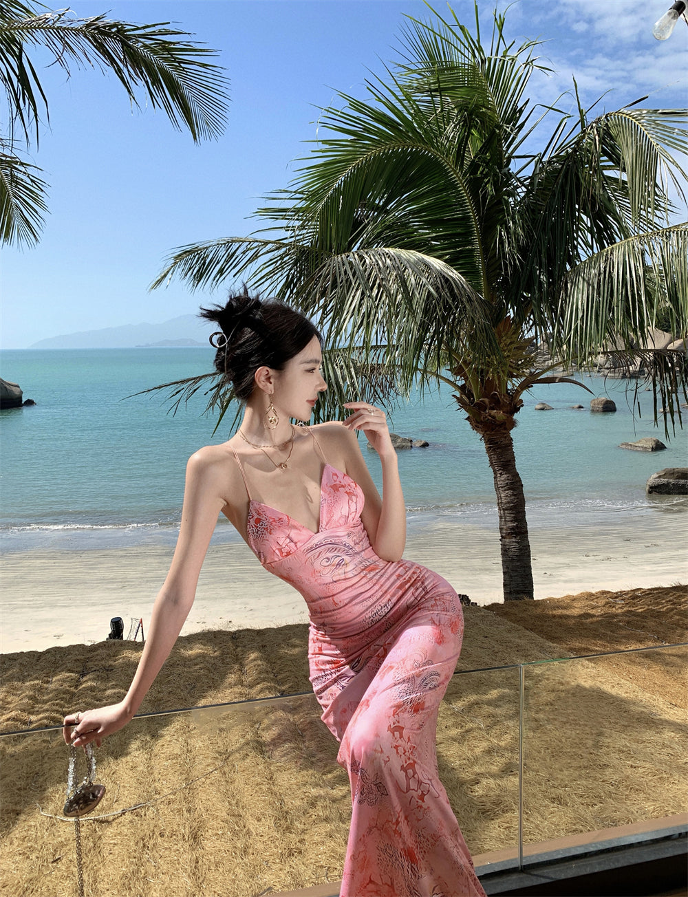 Travel wear printed deep v suspender dress sexy backless beach dress R1596