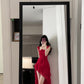 Retro red flower suspender dress irregular beautiful waist a-line beach dress R0697