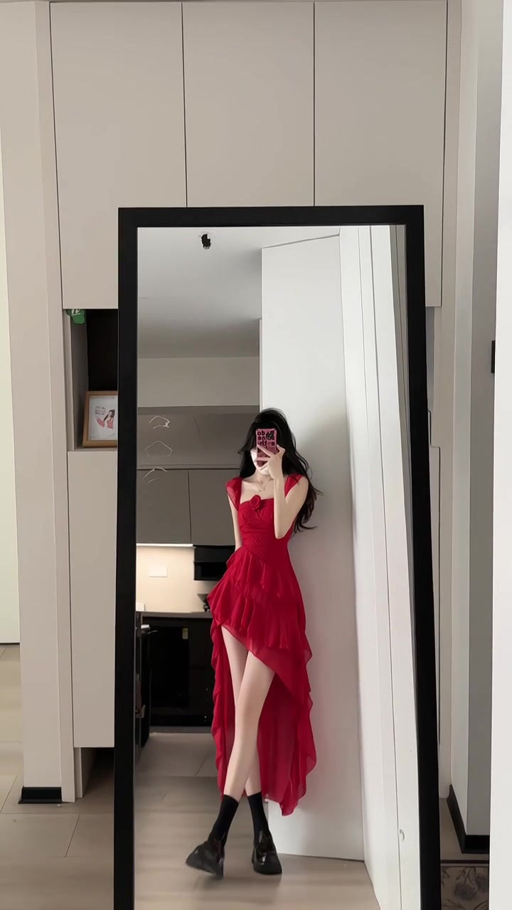 Retro red flower suspender dress irregular beautiful waist a-line beach dress R0697