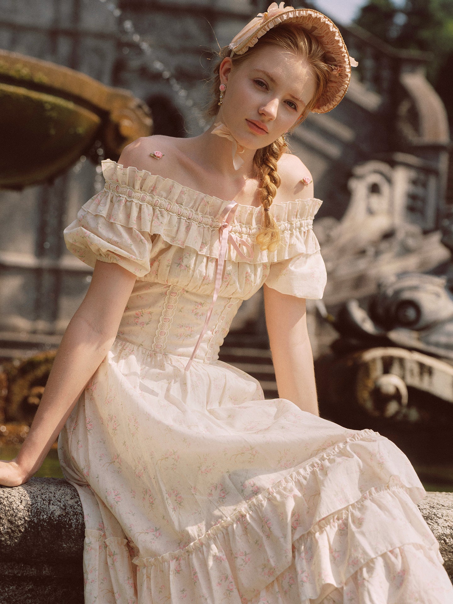 French pastoral style cake-style fishbone maxi dress with slim waist and cotton homecoming dress R5136