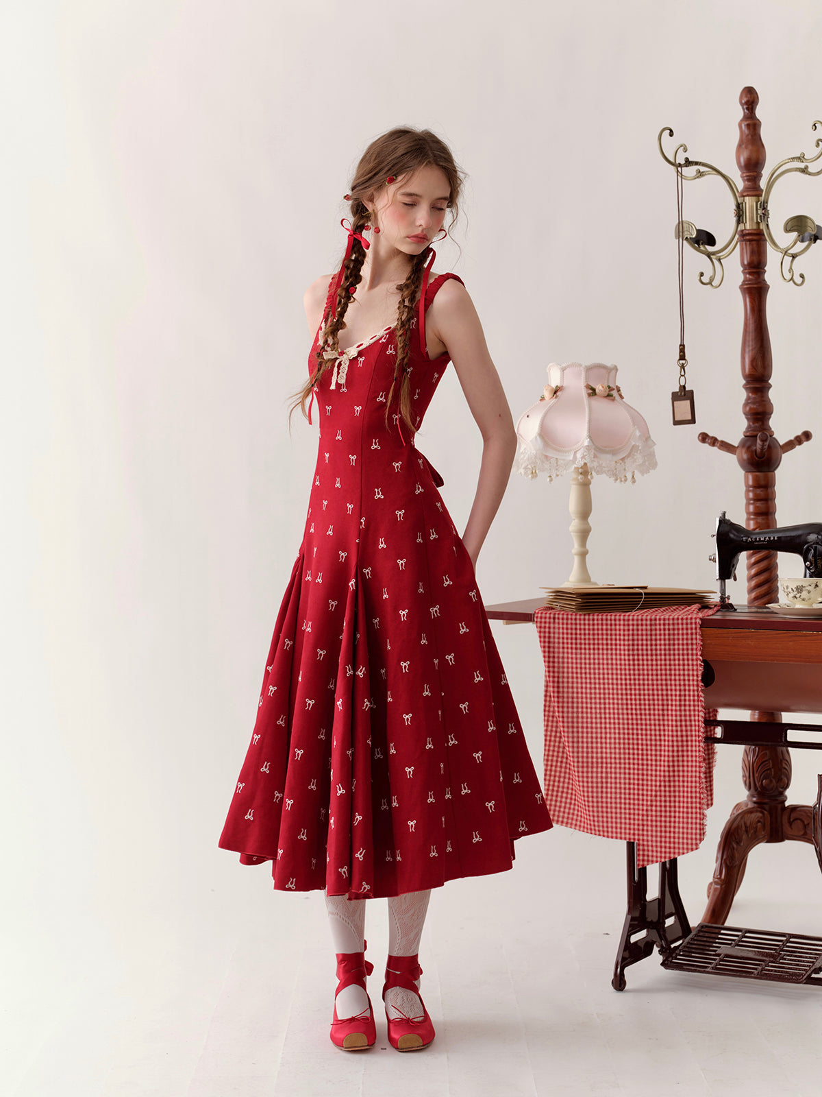 French girl playful bow red waist dress atmosphere homecoming dress R5147