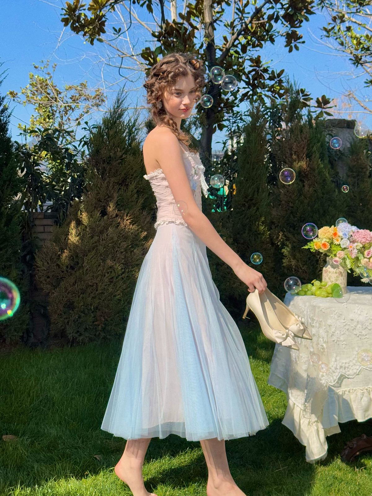 French sweet light spring pink blue tube top fishbone bra mesh skirt suit homecoming dress R5146