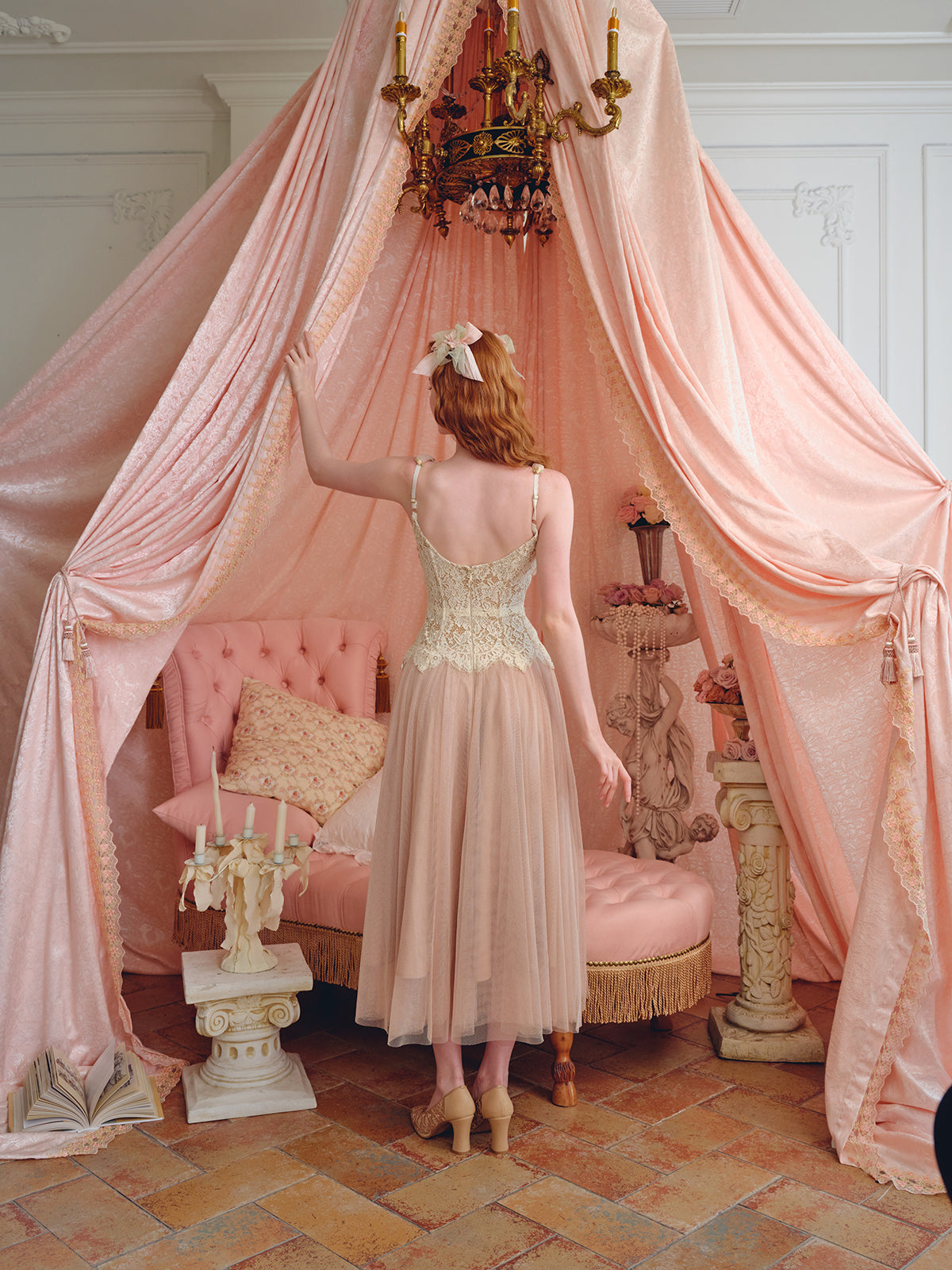 French sweet lace pink mesh fish bone suspender dress fairy dress homecoming dress R5140