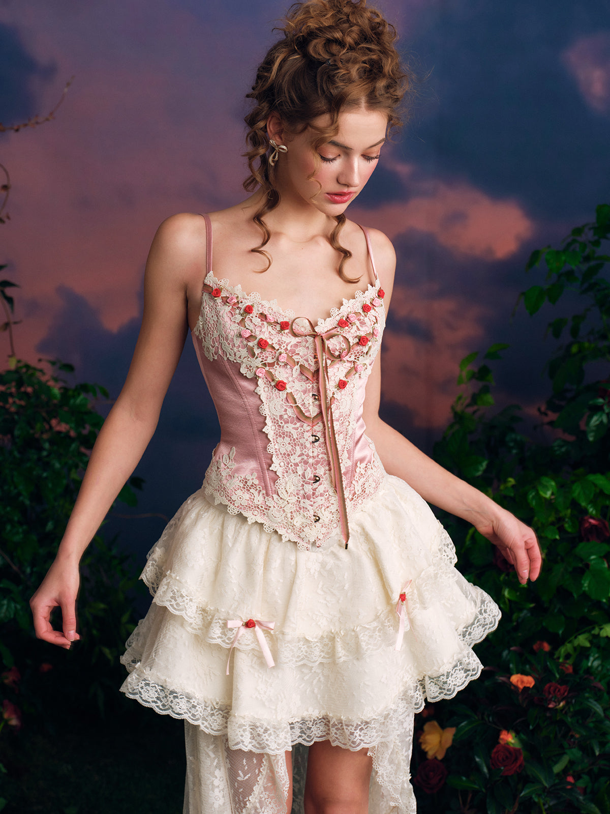 French sweet suspender suit fishbone corset waist slim lace skirt short homecoming dress R5150