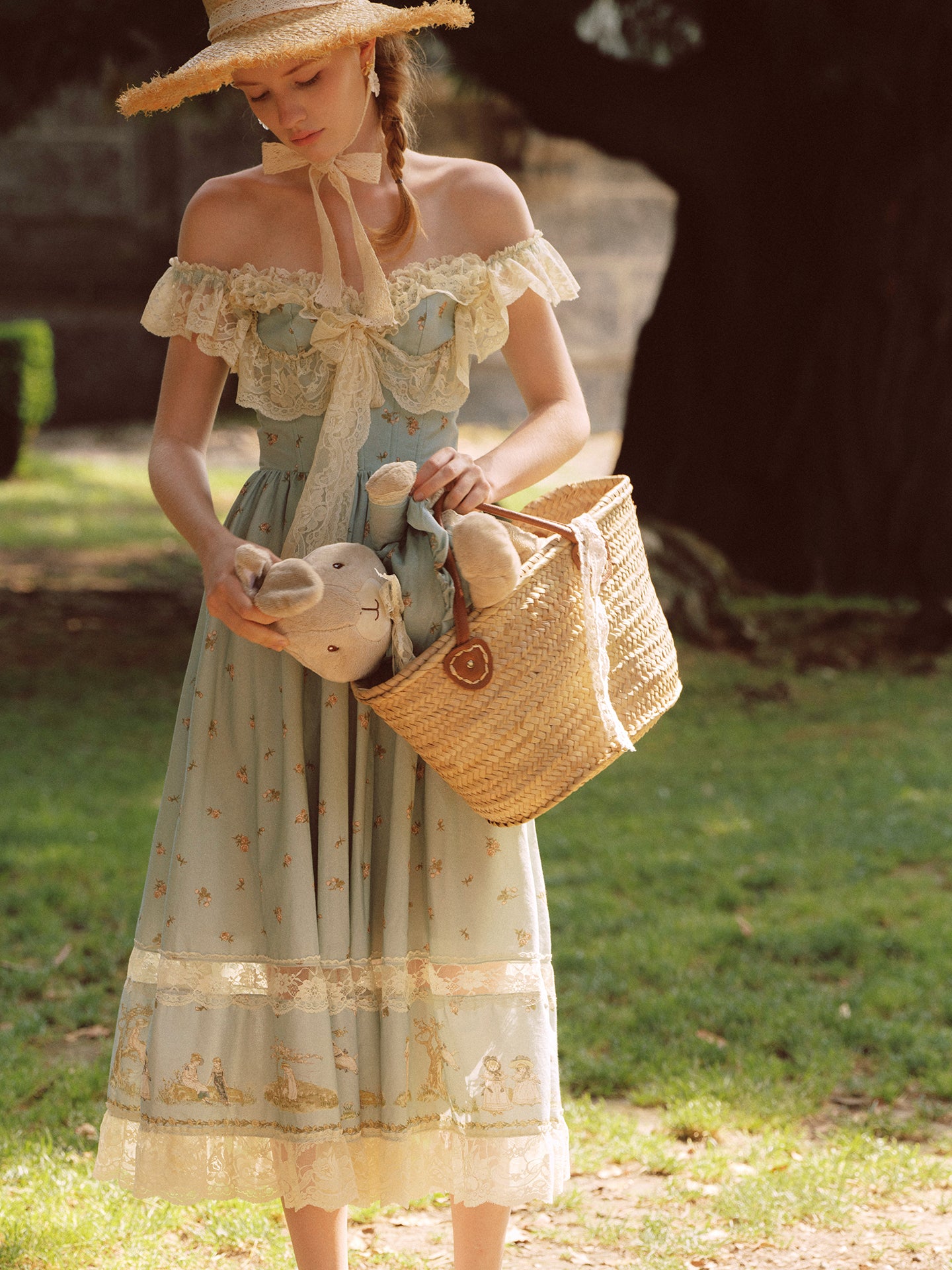 French pastoral style heavy embroidery lace splicing suspender long dress homecoming dress R5145