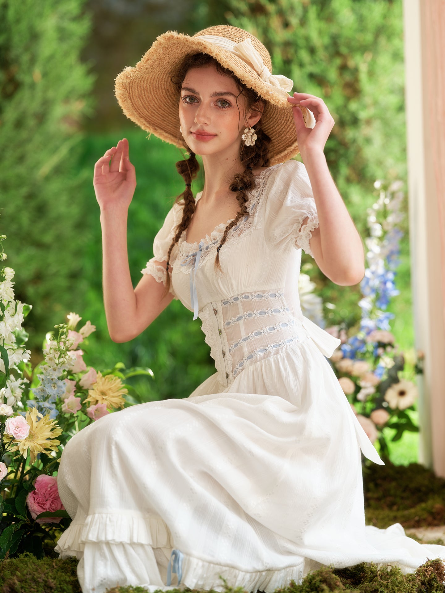 French pastoral white big swing fishbone dress long little white dress homecoming dress R5155