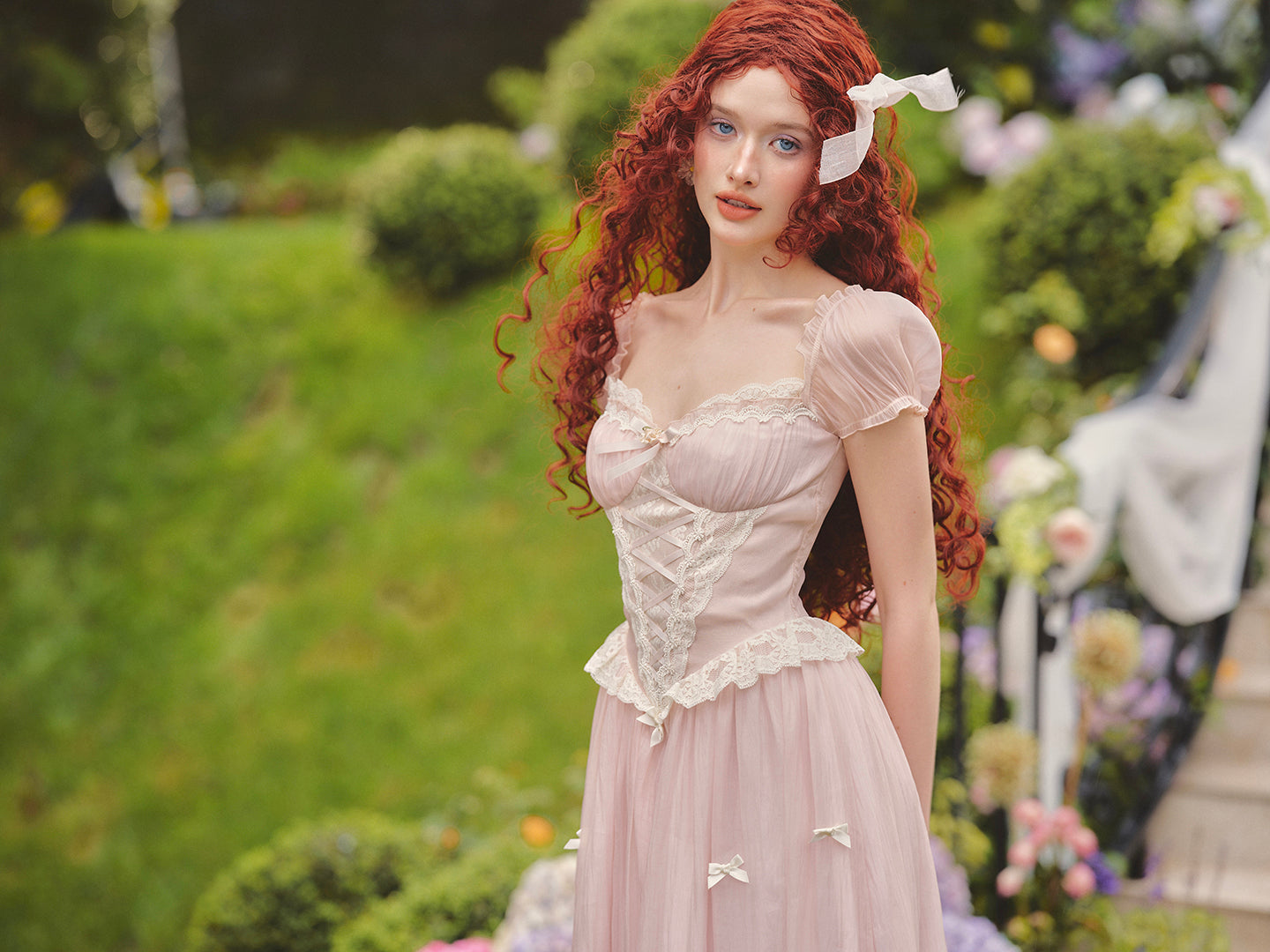 French pink fairy dress design long short-sleeved fishbone dress homecoming dress R5158