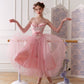 French Sweet Ballet Style Pink Fishbone Corset Mesh Skirt Set Homecoming Dress R5166