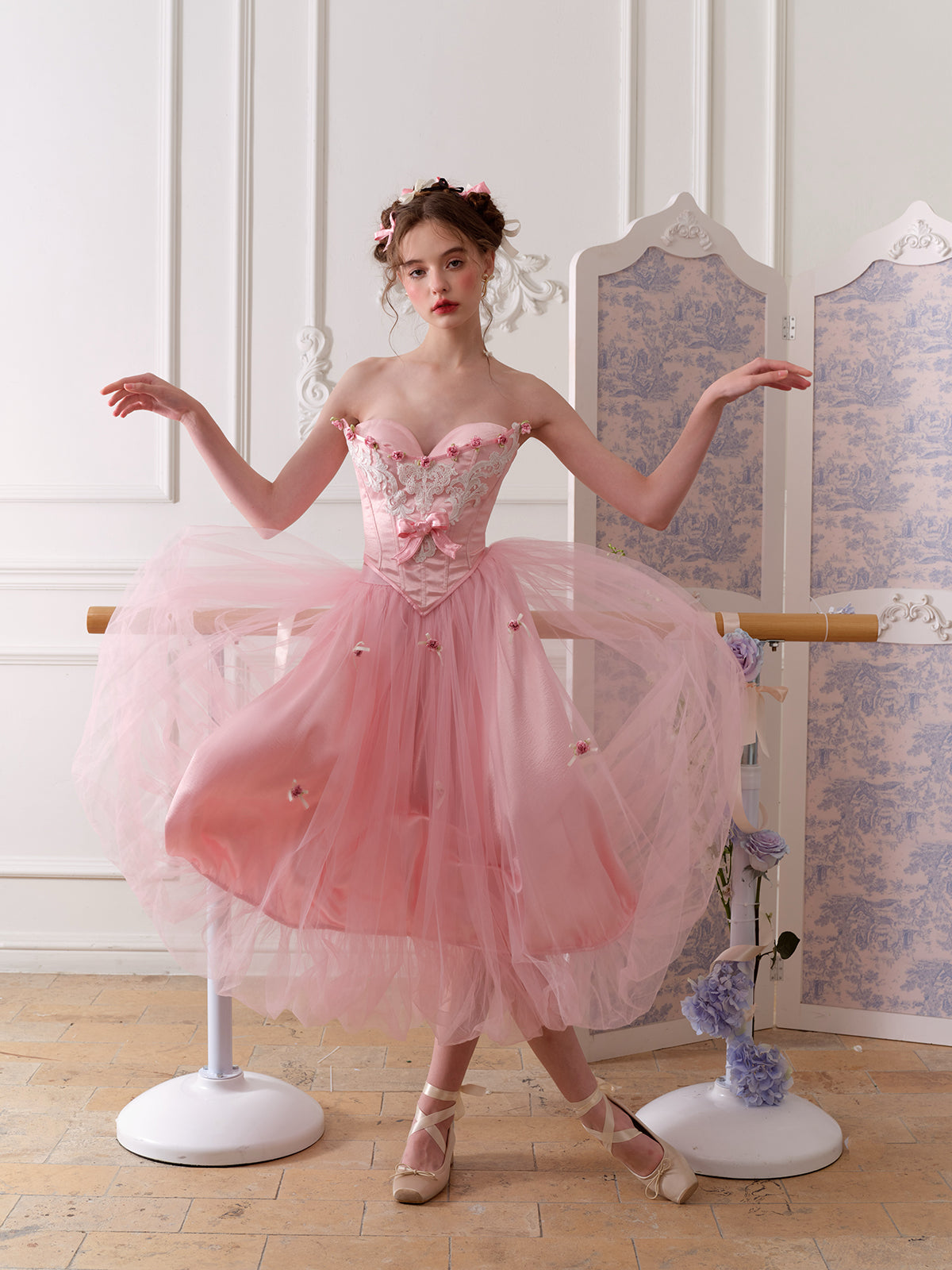 French Sweet Ballet Style Pink Fishbone Corset Mesh Skirt Set Homecoming Dress R5166