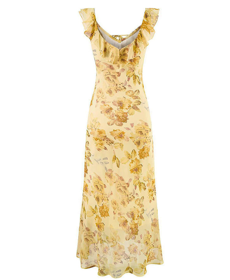 French yellow floral ruffle dress 2025 new temperament long skirt R2597