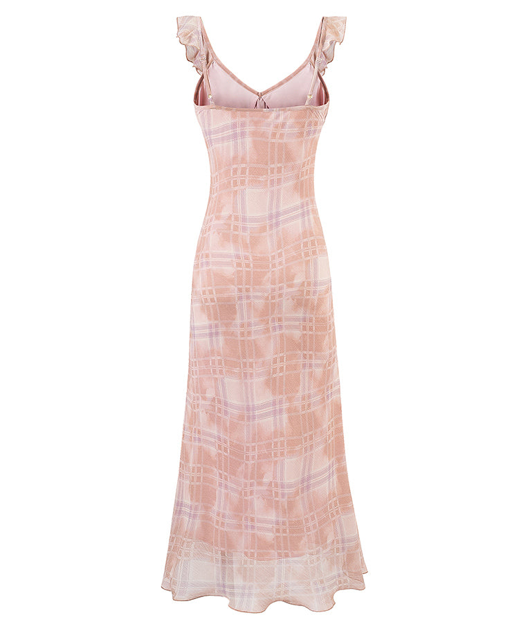 French ruffled pink plaid suspender dress 2025 new long skirt R2594