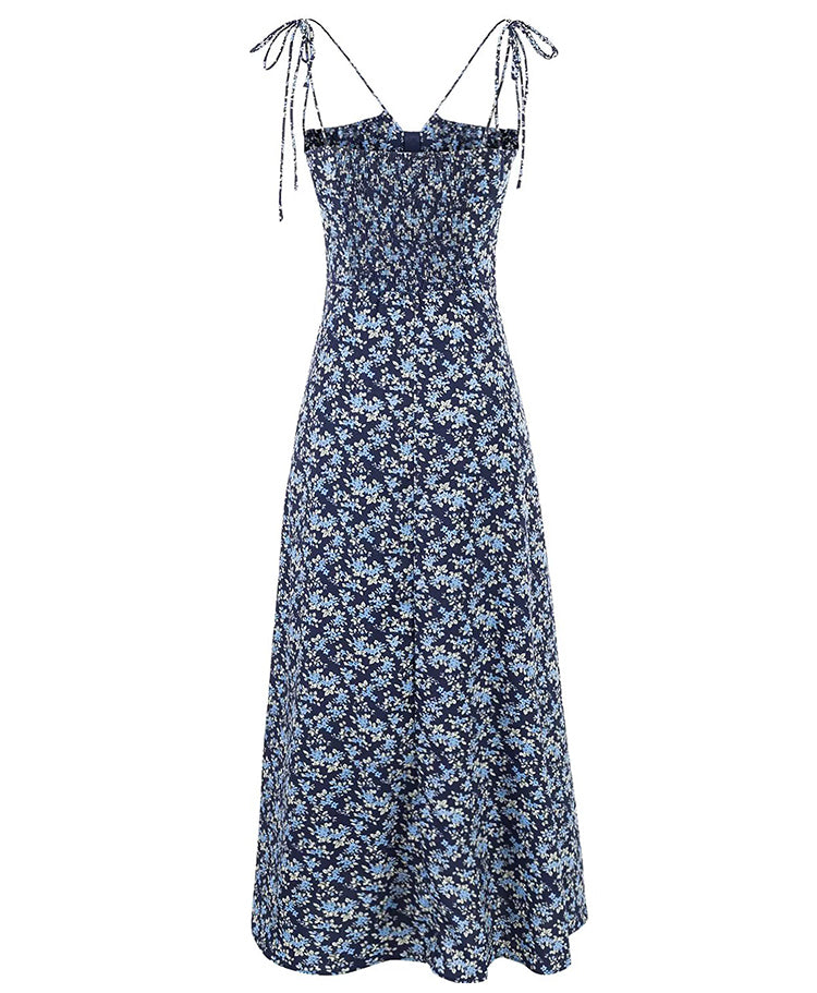 French retro floral suspender dress 2025 new holiday navy blue long dress R2591