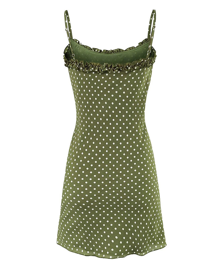 French green polka dot suspender dress 2025 new short skirt R2584