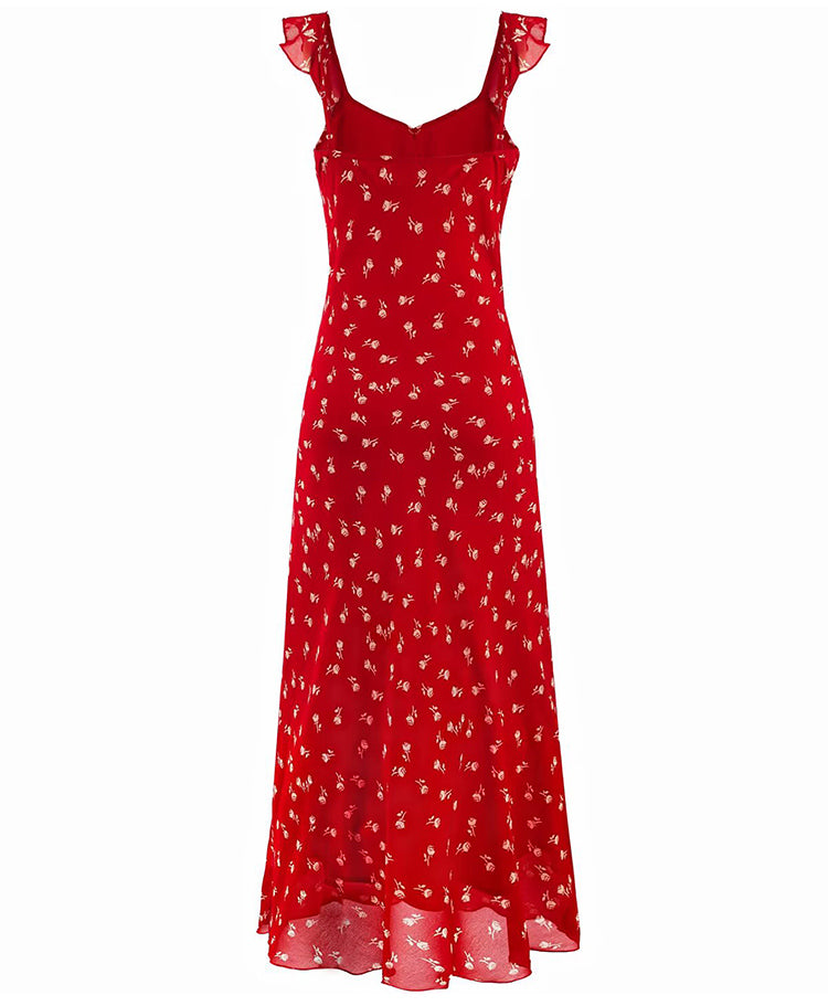 French pure red floral slim dress 2025 new sweet long dress R2590