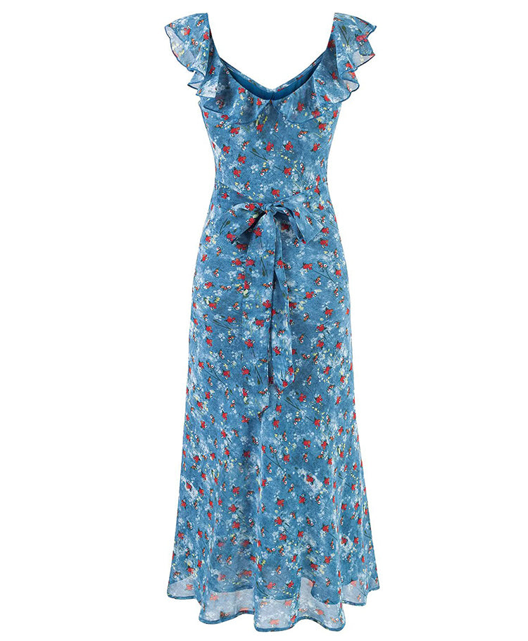 French retro blue floral ruffle dress 2025 new temperament long dress R2595