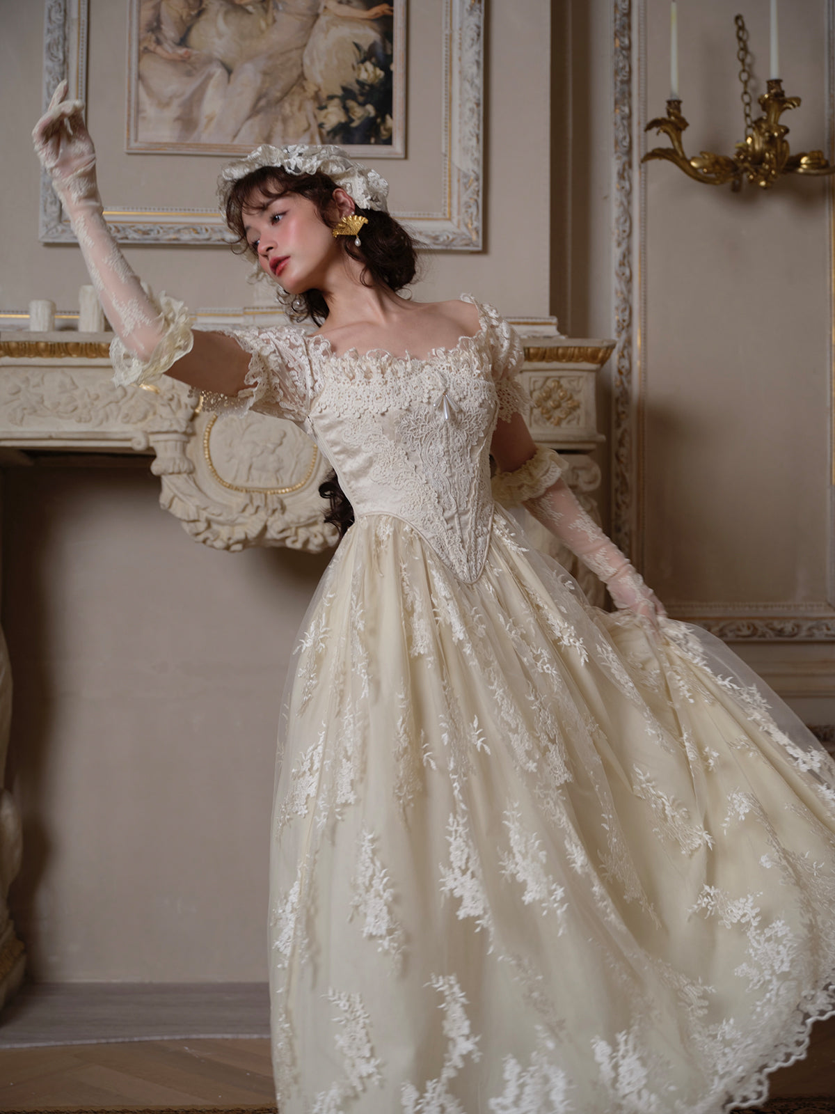 French retro palace heavy collection lace fishbone dress dress homecoming dress R5120