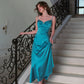 French retro textured satin slim long blue suspender dress holiday dress homecoming dress R5123