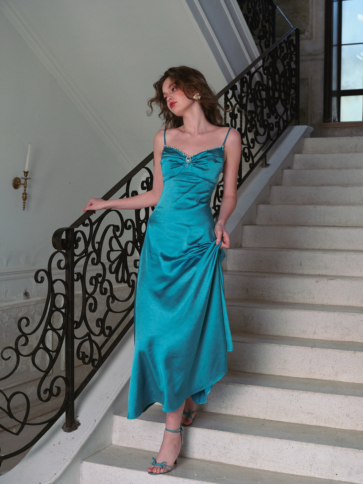 French retro textured satin slim long blue suspender dress holiday dress homecoming dress R5123