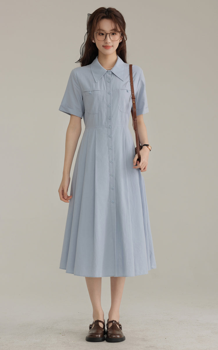 French new blue college style dress waist pleated shirt skirt R1938