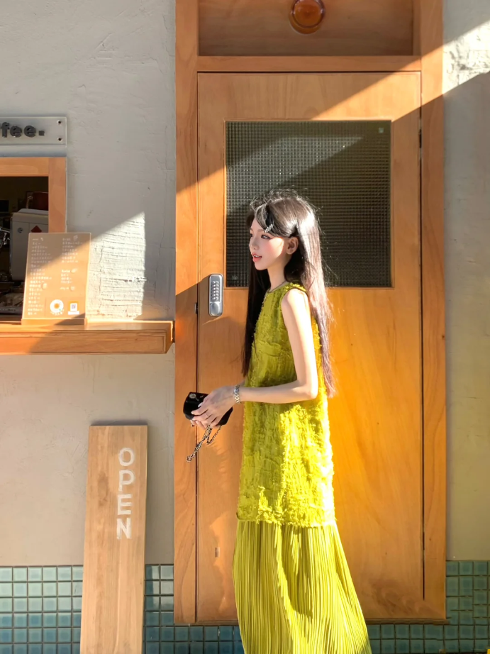 Green sleeveless dress for women, high-end fake two-piece temperament long dress R0770