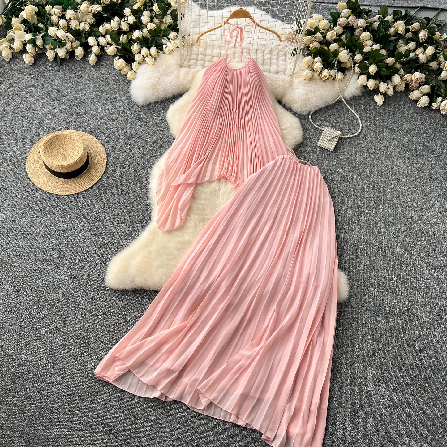 Beach Vacation Fashion Set Halter Neck Pleated Tank Top + High Waist Midi Skirt R2204