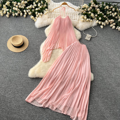 Beach Vacation Fashion Set Halter Neck Pleated Tank Top + High Waist Midi Skirt R2204