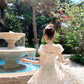 French yellow floral short-sleeved dress, beautiful summer skirt R3867