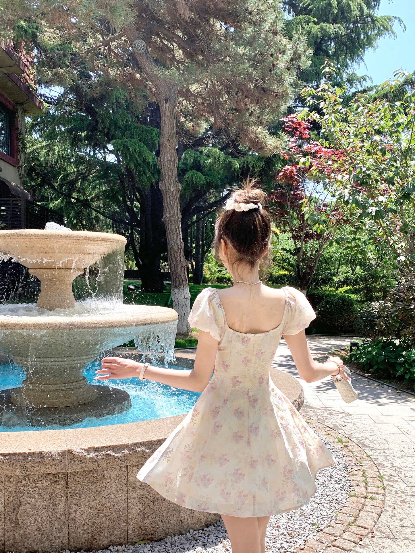 French yellow floral short-sleeved dress, beautiful summer skirt R3867