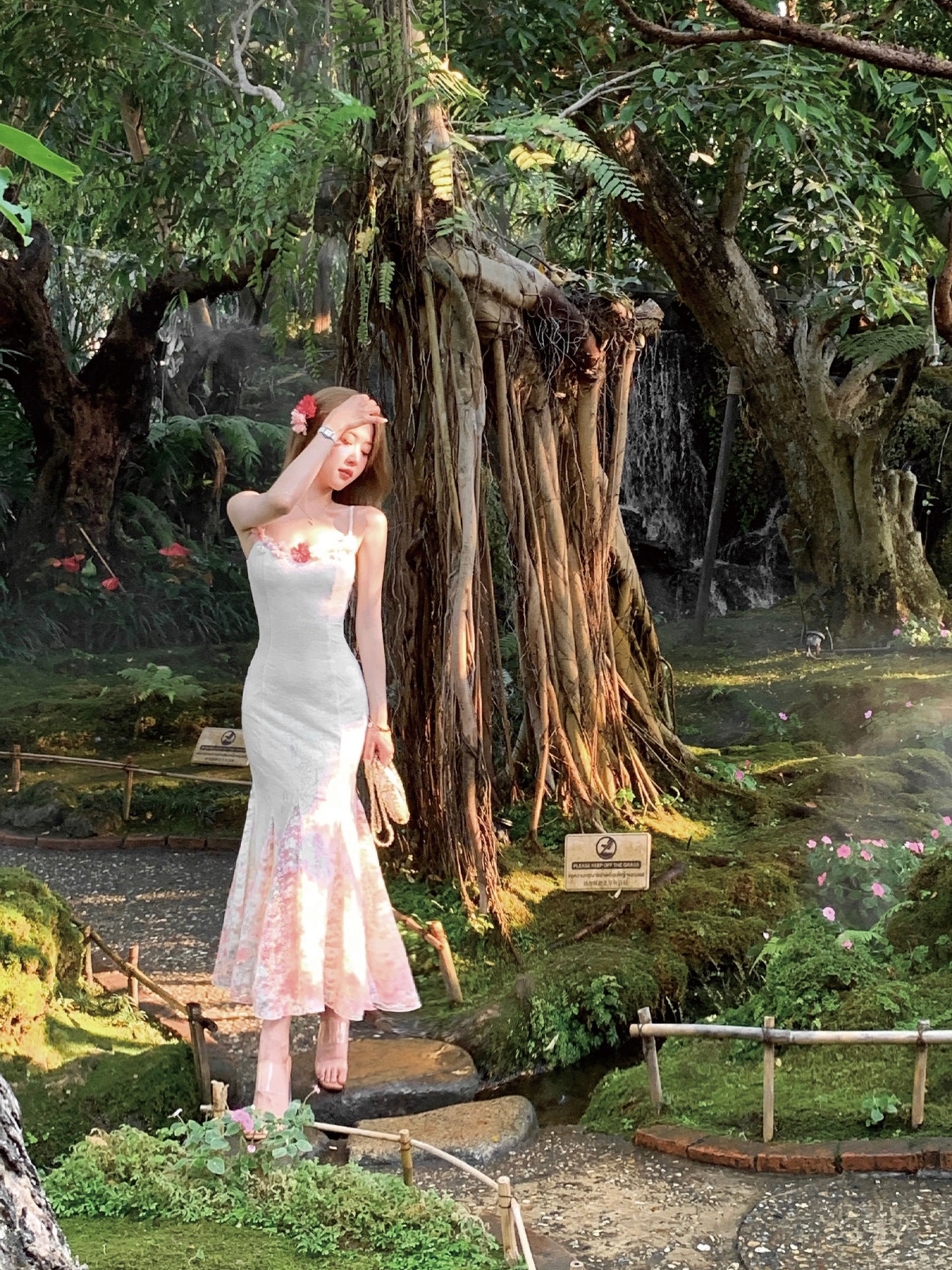 Summer fishtail design floral long skirt with suspenders for holiday R3868