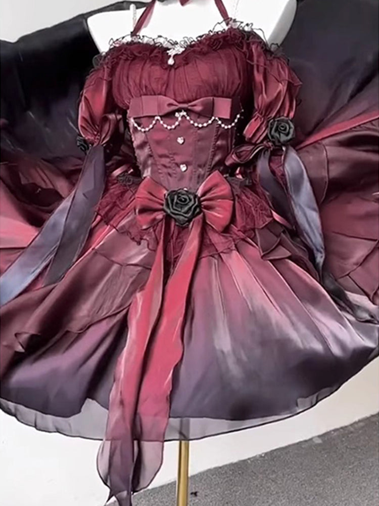 Black and red gradient short front and long back wedding dress lolita dress trailing princess dress R1674