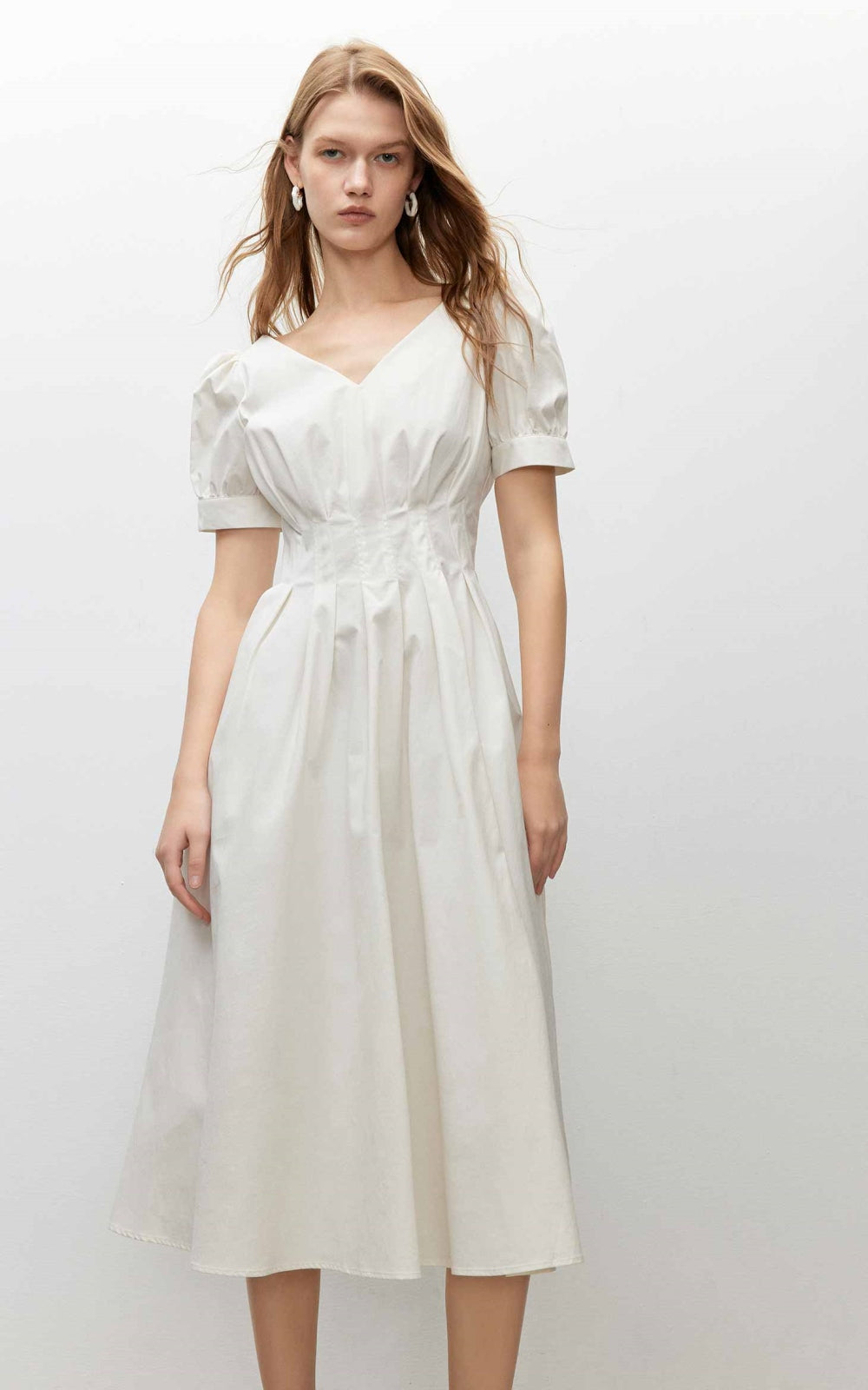 Summer new solid color high waist V-neck puff sleeve waist slimming midi dress for women R3947