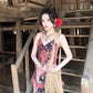 Women's Retro Floral Sling Dress Beautiful Waist A-Line Long Dress R0605