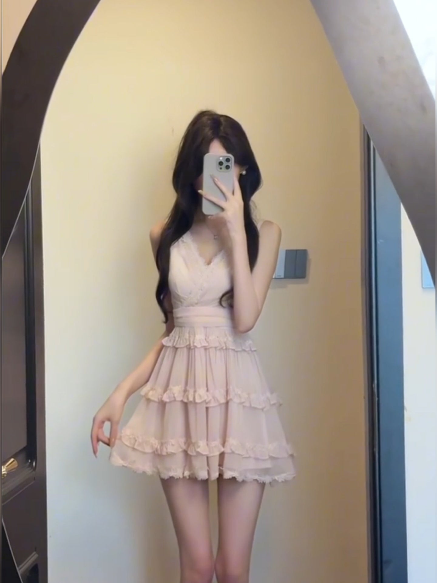 French sweet pink V-neck sleeveless women's summer temperament princess dress waist chiffon skirt R3600