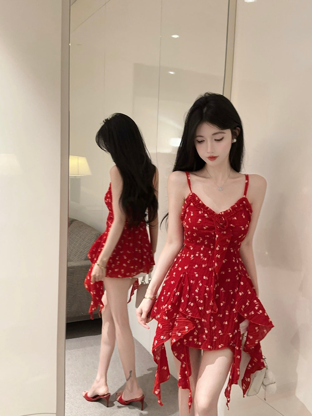 Sweet and sexy floral camisole irregular high waist design slim fit short skirt R3627