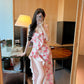 Tea break French v-neck floral suspender dress gentle temperament waist slit skirt R0619