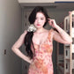 Pink floral suspender dress beautiful waist slim hip skirt R0622