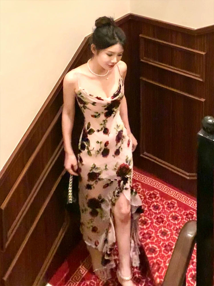 Retro flower dress for women suspender long dress       S6143