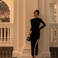 Black velvet slit dress new style long party dress     S5631