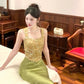 Retro Jacquard Suspender Top Satin Dress long party dress evening dress       S6201