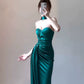 Birthday dress evening dress luxury satin strapless halter neck dress     S5844