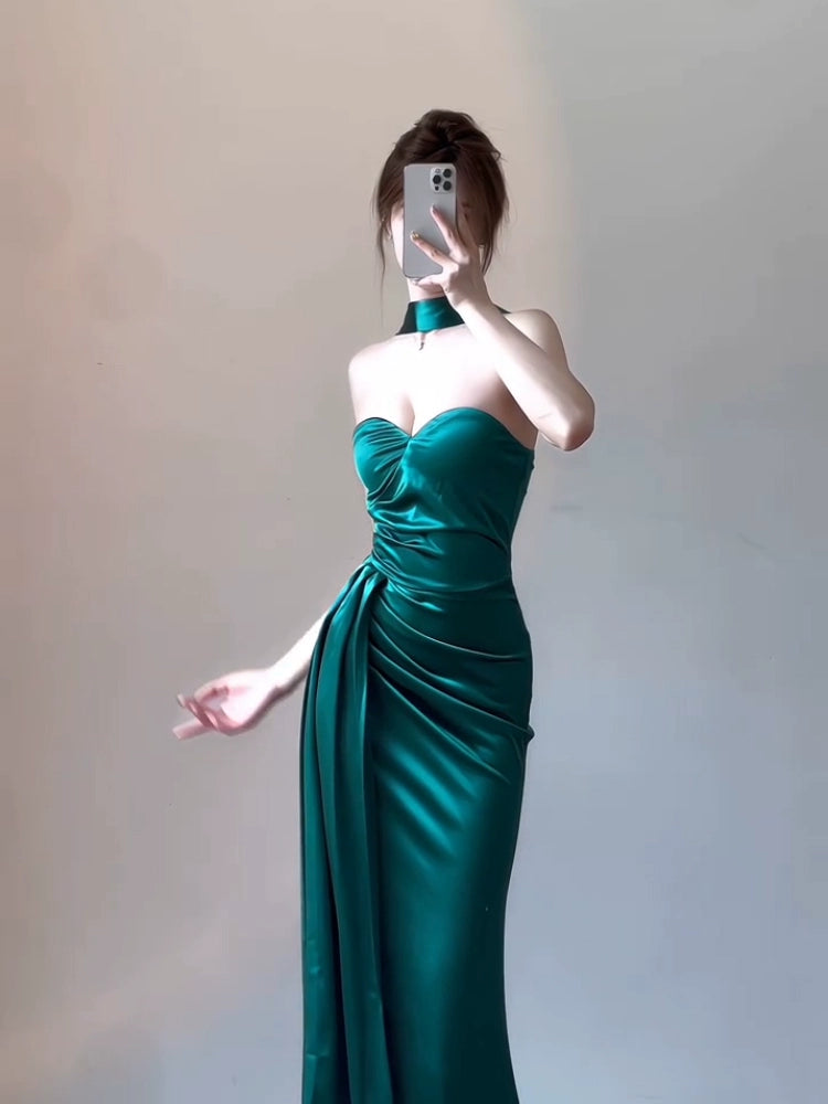 Birthday dress evening dress luxury satin strapless halter neck dress     S5844