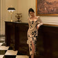 Retro satin dress for women new style ink print slit long party dress     S5690