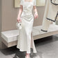 White short-sleeved dress elegant engagement dress satin long dress    S5953