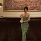 Satin cheongsam halter neck dress for women summer new retro printed party dress    S5604