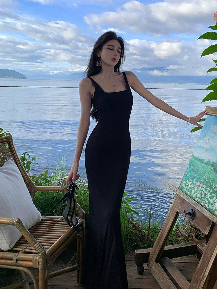 Sexy backless square neck black dress for women mermaid long dress    S5865