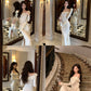 Black French ruffle design dress for women with slit long sleeves party dress     S5728