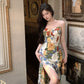 Seaside vacation floral suspender dress summer new slit long party dress      S5808