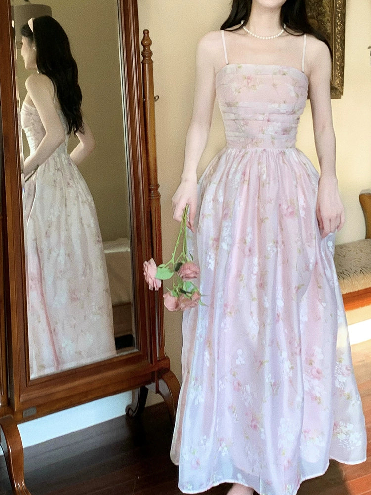 Pink dress with detachable straps, sweet floral dress         S6016