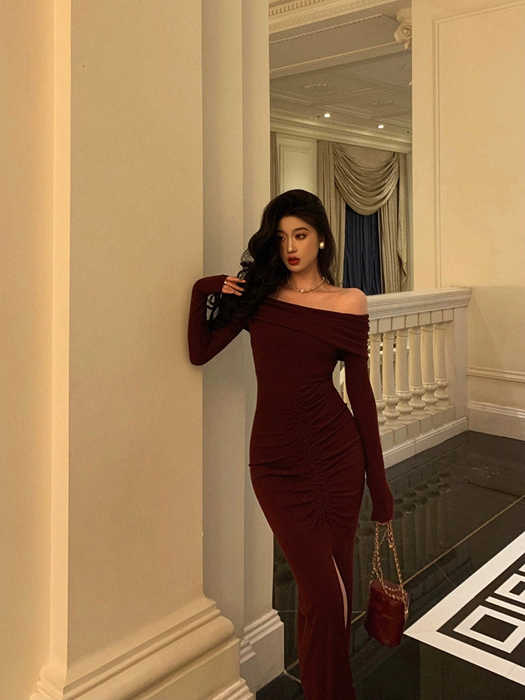 Red off-shoulder dress for women new retro style slit long mermaid dress     S5651